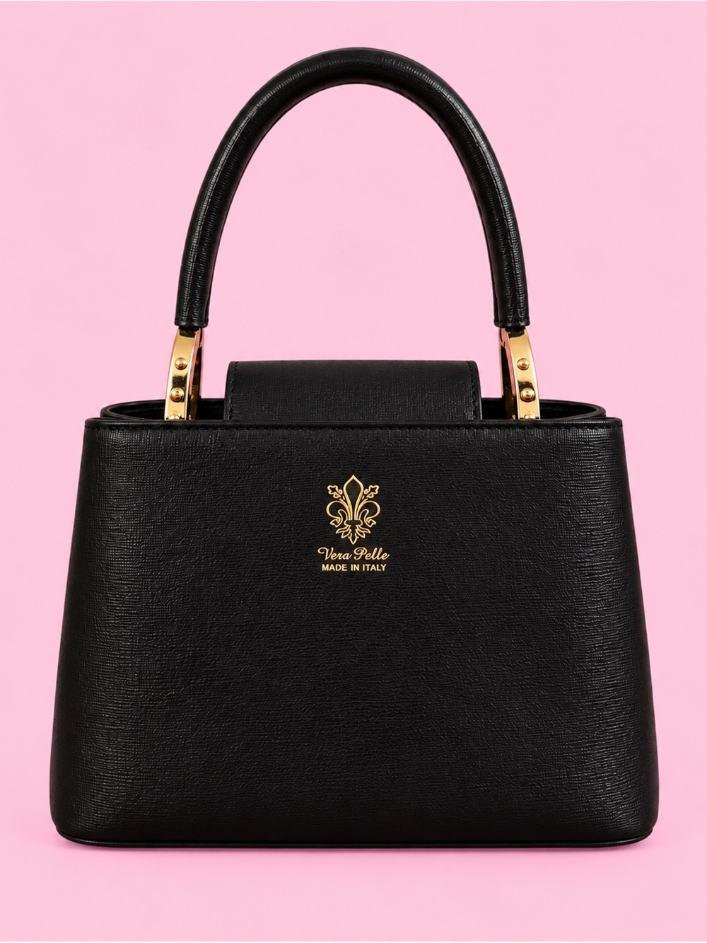 Vera Pelle Black Top-Handle Satchel with Gold Accents